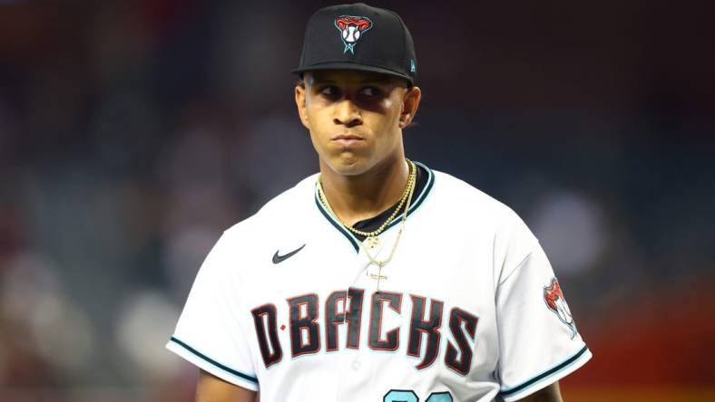 Jul 5, 2022; Phoenix, Arizona, USA; Arizona Diamondbacks pitcher Keynan Middleton against the San Francisco Giants at Chase Field. Mandatory Credit: Mark J. Rebilas-USA TODAY Sports