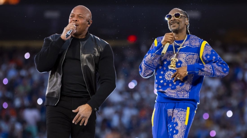 Feb 13, 2022; Inglewood, CA, USA; Dr. Dre and Snoop Dogg perform during the halftime show for Super Bowl LVI between the Los Angeles Rams and the Cincinnati Bengals at SoFi Stadium. Mandatory Credit: Mark J. Rebilas-USA TODAY Sports