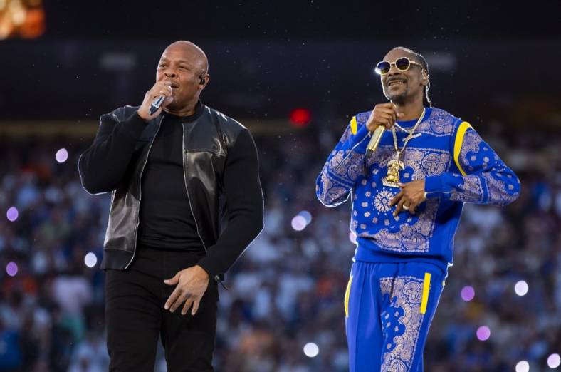 Feb 13, 2022; Inglewood, CA, USA; Dr. Dre and Snoop Dogg perform during the halftime show for Super Bowl LVI between the Los Angeles Rams and the Cincinnati Bengals at SoFi Stadium. Mandatory Credit: Mark J. Rebilas-USA TODAY Sports