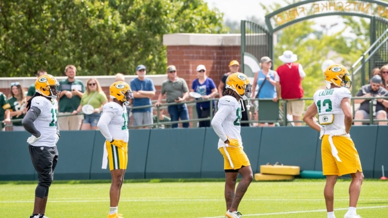 From left to right, Green Bay Packers wide receivers Sammy Watkins (11), Randall Cobb (18), Juwann Winfree (88) and Allen Lazard (13) participate in training camp on Monday, Aug. 1, 2022, at Ray Nitschke Field in Ashwaubenon, Wisconsin. Samantha Madar/USA TODAY NETWORK-Wis.Gpg Training Camp 08012022 0002