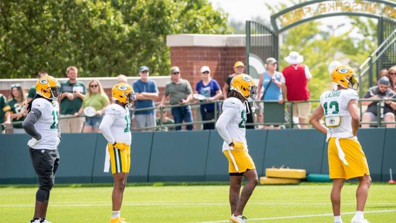 From left to right, Green Bay Packers wide receivers Sammy Watkins (11), Randall Cobb (18), Juwann Winfree (88) and Allen Lazard (13) participate in training camp on Monday, Aug. 1, 2022, at Ray Nitschke Field in Ashwaubenon, Wisconsin. Samantha Madar/USA TODAY NETWORK-Wis.

Gpg Training Camp 08012022 0002