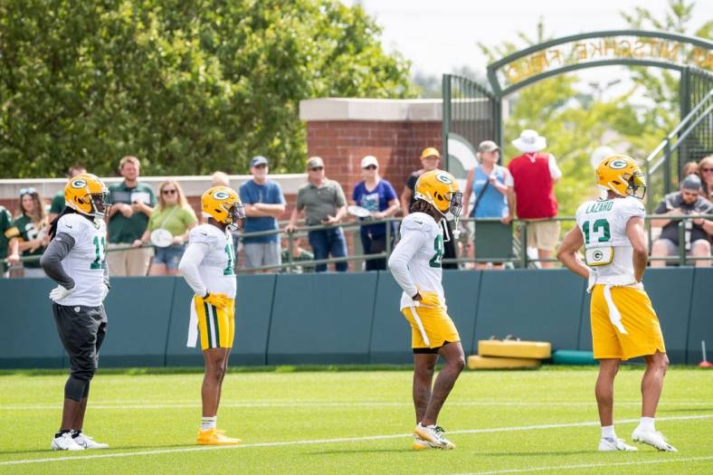 From left to right, Green Bay Packers wide receivers Sammy Watkins (11), Randall Cobb (18), Juwann Winfree (88) and Allen Lazard (13) participate in training camp on Monday, Aug. 1, 2022, at Ray Nitschke Field in Ashwaubenon, Wisconsin. Samantha Madar/USA TODAY NETWORK-Wis.

Gpg Training Camp 08012022 0002