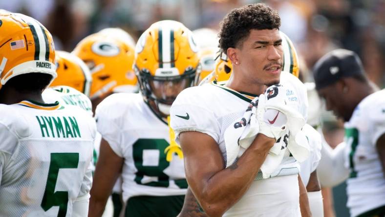 Green Bay Packers wide receiver Allen Lazard (13) wipes the sweat off his face during training camp on Monday, Aug. 1, 2022, at Ray Nitschke Field in Ashwaubenon, Wisconsin. Samantha Madar/USA TODAY NETWORK-Wis.

Gpg Training Camp 08012022 0004