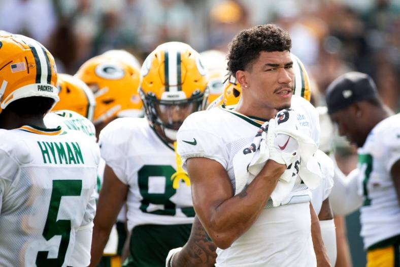 Green Bay Packers wide receiver Allen Lazard (13) wipes the sweat off his face during training camp on Monday, Aug. 1, 2022, at Ray Nitschke Field in Ashwaubenon, Wisconsin. Samantha Madar/USA TODAY NETWORK-Wis.

Gpg Training Camp 08012022 0004