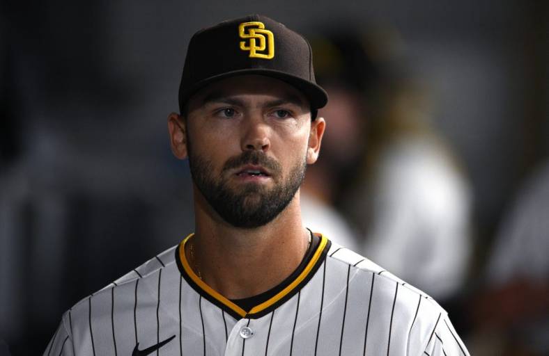 Aug 2, 2022; San Diego, California, USA; San Diego Padres relief pitcher Tayler Scott (62) looks on after pitching the top of the seventh inning against the Colorado Rockies at Petco Park. Mandatory Credit: Orlando Ramirez-USA TODAY Sports