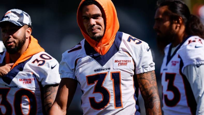 Aug 5, 2022; Englewood, CO, USA; Denver Broncos safety Justin Simmons (31) during training camp at the UCHealth Training Center. Mandatory Credit: Isaiah J. Downing-USA TODAY Sports