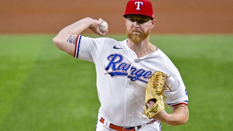 Aug 1, 2022; Arlington, Texas, USA; Texas Rangers starting pitcher Jon Gray (22) in action during the game between the Texas Rangers and the Baltimore Orioles at Globe Life Field. Mandatory Credit: Jerome Miron-USA TODAY Sports