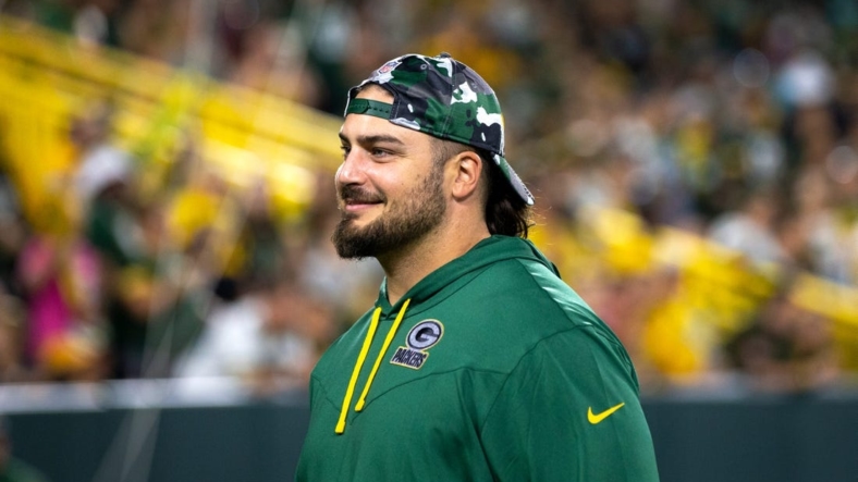 Green Bay Packers tackle David Bakhtiari (69) smiles at fans during Packers Family Night on Friday, Aug. 5, 2022, at Lambeau Field in Green Bay, Wis. Samantha Madar/USA TODAY NETWORK-Wis.Gpg Family Night 08052022 00034