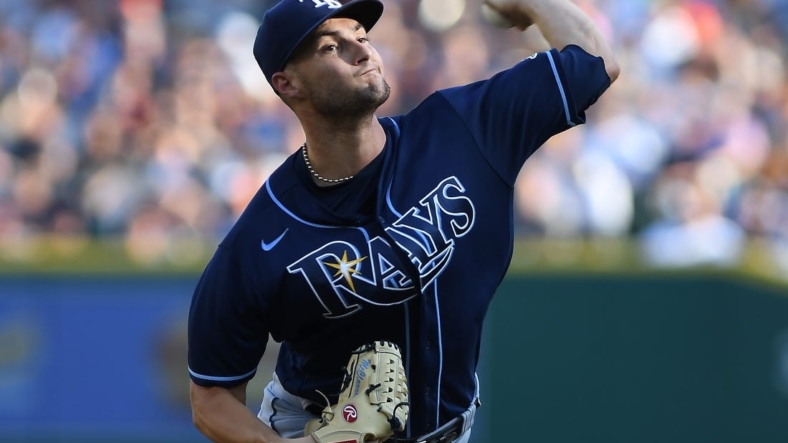 Aug 6, 2022; Detroit, Michigan, USA; Tampa Bay Rays starting pitcher Shane McClanahan (18) throws against the Detroit Tigers in the first inning at Comerica Park. Mandatory Credit: Lon Horwedel-USA TODAY Sports