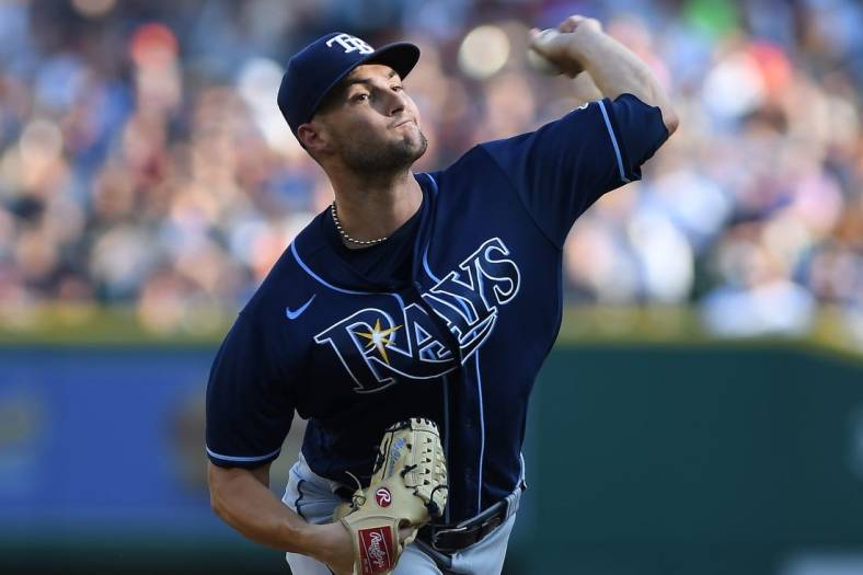 Aug 6, 2022; Detroit, Michigan, USA; Tampa Bay Rays starting pitcher Shane McClanahan (18) throws against the Detroit Tigers in the first inning at Comerica Park. Mandatory Credit: Lon Horwedel-USA TODAY Sports