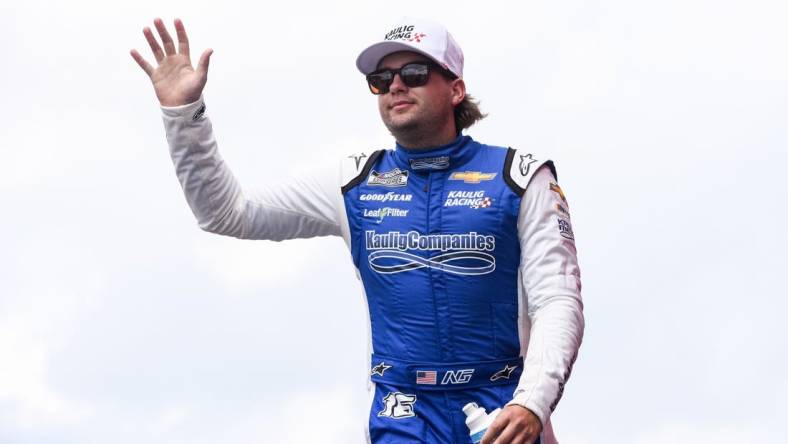 Aug 7, 2022; Brooklyn, Michigan, USA; NASCAR Cup Series driver Noah Gragson (16) is introduced before the race at Michigan International Speedway. Mandatory Credit: Tim Fuller-USA TODAY Sports