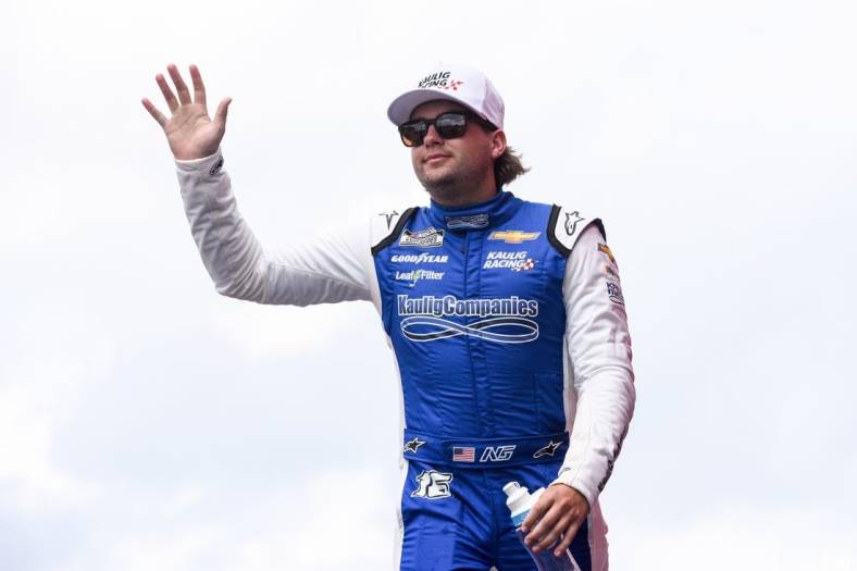 Aug 7, 2022; Brooklyn, Michigan, USA; NASCAR Cup Series driver Noah Gragson (16) is introduced before the race at Michigan International Speedway. Mandatory Credit: Tim Fuller-USA TODAY Sports