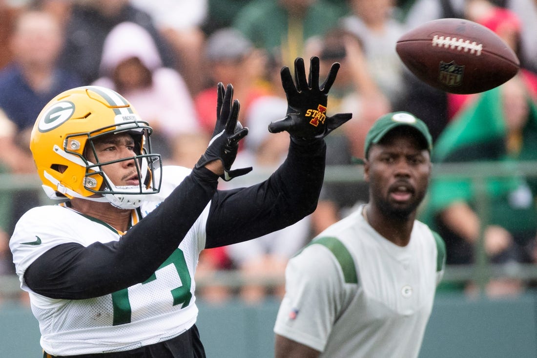 Green Bay Packers wide receiver Allen Lazard (13) catches a pass during training camp on Monday, Aug. 8, 2022, at Ray Nitschke Field in Ashwaubenon, Wis. Samantha Madar/USA TODAY NETWORK-Wis.

Gpg Training Camp 08082022 0004