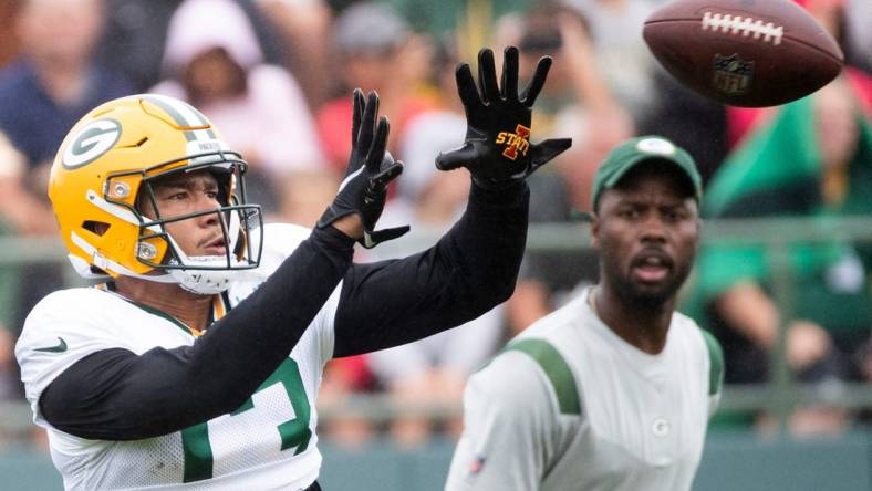 Green Bay Packers wide receiver Allen Lazard (13) catches a pass during training camp on Monday, Aug. 8, 2022, at Ray Nitschke Field in Ashwaubenon, Wis. Samantha Madar/USA TODAY NETWORK-Wis.

Gpg Training Camp 08082022 0004