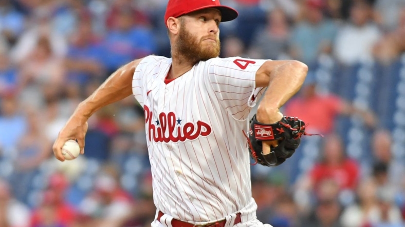 Aug 9, 2022; Philadelphia, Pennsylvania, USA; Philadelphia Phillies starting pitcher Zack Wheeler (45) throws a [itch against the Miami Marlins during the first inning at Citizens Bank Park. Mandatory Credit: Eric Hartline-USA TODAY Sports