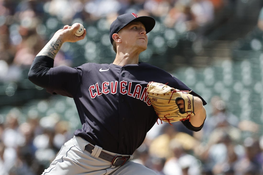 Aug 11, 2022; Detroit, Michigan, USA;  Cleveland Guardians starting pitcher Zach Plesac (34) pitches in the first inning against the Detroit Tigers at Comerica Park. Mandatory Credit: Rick Osentoski-USA TODAY Sports