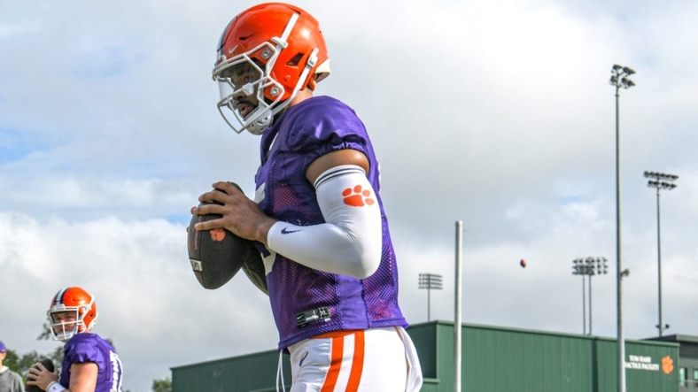 Clemson quarterback D.J. Uiagalelei (5) warms up during practice in Clemson Friday, August 12, 2022.Clemson Football Photos From Aug 12 Practice Before Sept 5 Opener