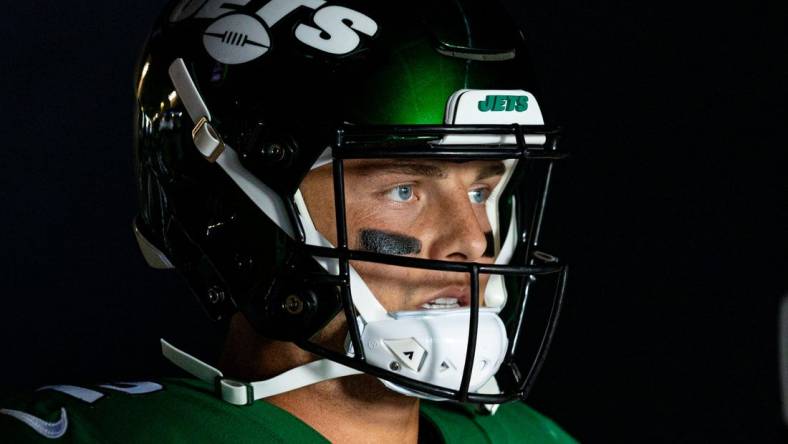 Aug 12, 2022; Philadelphia, Pennsylvania, USA; New York Jets quarterback Zach Wilson (2) before a game against the Philadelphia Eagles at Lincoln Financial Field. Mandatory Credit: Bill Streicher-USA TODAY Sports