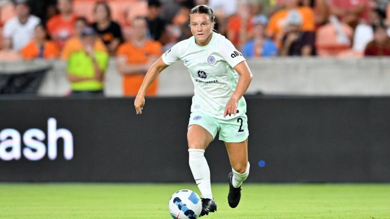 Aug 12, 2022; Houston, Texas, USA; Racing Louisville FC midfielder Lauren Milliet (2) handles the ball during the first half against the Houston Dash at PNC Stadium. Mandatory Credit: Maria Lysaker-USA TODAY Sports