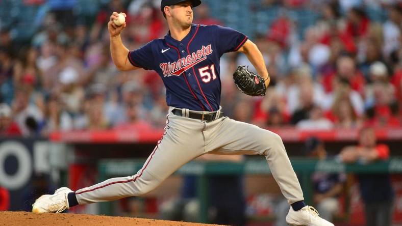 Aug 12, 2022; Anaheim, California, USA; Minnesota Twins starting pitcher Tyler Mahle (51) throws against the Los Angeles Angels during the third inning at Angel Stadium. Mandatory Credit: Gary A. Vasquez-USA TODAY Sports