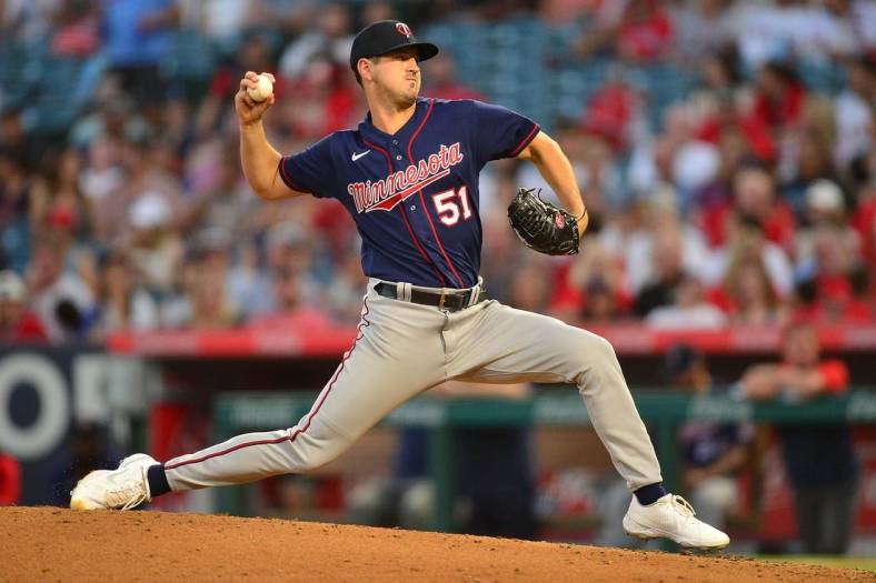 Aug 12, 2022; Anaheim, California, USA; Minnesota Twins starting pitcher Tyler Mahle (51) throws against the Los Angeles Angels during the third inning at Angel Stadium. Mandatory Credit: Gary A. Vasquez-USA TODAY Sports
