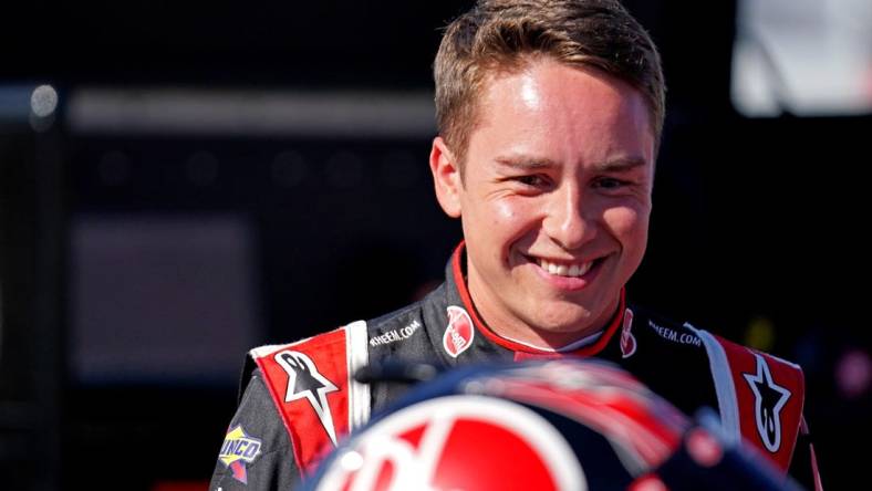 Aug 13, 2022; Richmond, Virginia, USA; NASCAR Cup Series driver Christopher Bell (20) during practice and qualifying for the Federated Auto Parts 400 at Richmond International Raceway. Mandatory Credit: Peter Casey-USA TODAY Sports