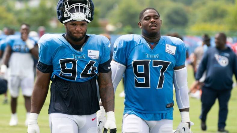 Tennessee Titans defensive ends Da'Shawn Hand (94) and Kevin Strong (97) walk off the field after a training camp practice at Ascension Saint Thomas Sports Park Monday, Aug. 15, 2022, in Nashville, Tenn.

Nas 0815 Titans 025