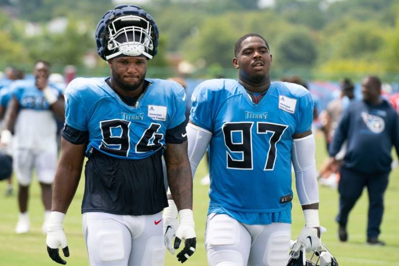 Tennessee Titans defensive ends Da'Shawn Hand (94) and Kevin Strong (97) walk off the field after a training camp practice at Ascension Saint Thomas Sports Park Monday, Aug. 15, 2022, in Nashville, Tenn.

Nas 0815 Titans 025