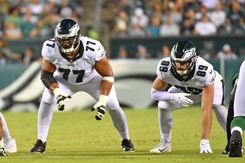 Aug 12, 2022; Philadelphia, Pennsylvania, USA; Philadelphia Eagles offensive tackle Andre Dillard (77) and tight end Jack Stoll (89) against the New York Jets at Lincoln Financial Field. Mandatory Credit: Eric Hartline-USA TODAY Sports