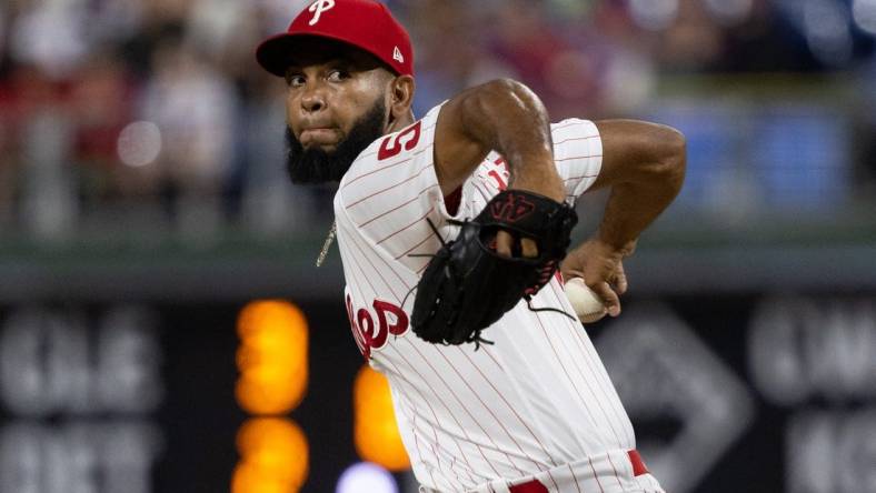 Aug 10, 2022; Philadelphia, Pennsylvania, USA; Philadelphia Phillies relief pitcher Seranthony Dominguez (58) throws a pitch during the ninth inning against the Miami Marlins at Citizens Bank Park. Mandatory Credit: Bill Streicher-USA TODAY Sports