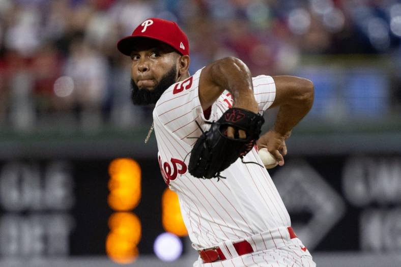 Aug 10, 2022; Philadelphia, Pennsylvania, USA; Philadelphia Phillies relief pitcher Seranthony Dominguez (58) throws a pitch during the ninth inning against the Miami Marlins at Citizens Bank Park. Mandatory Credit: Bill Streicher-USA TODAY Sports