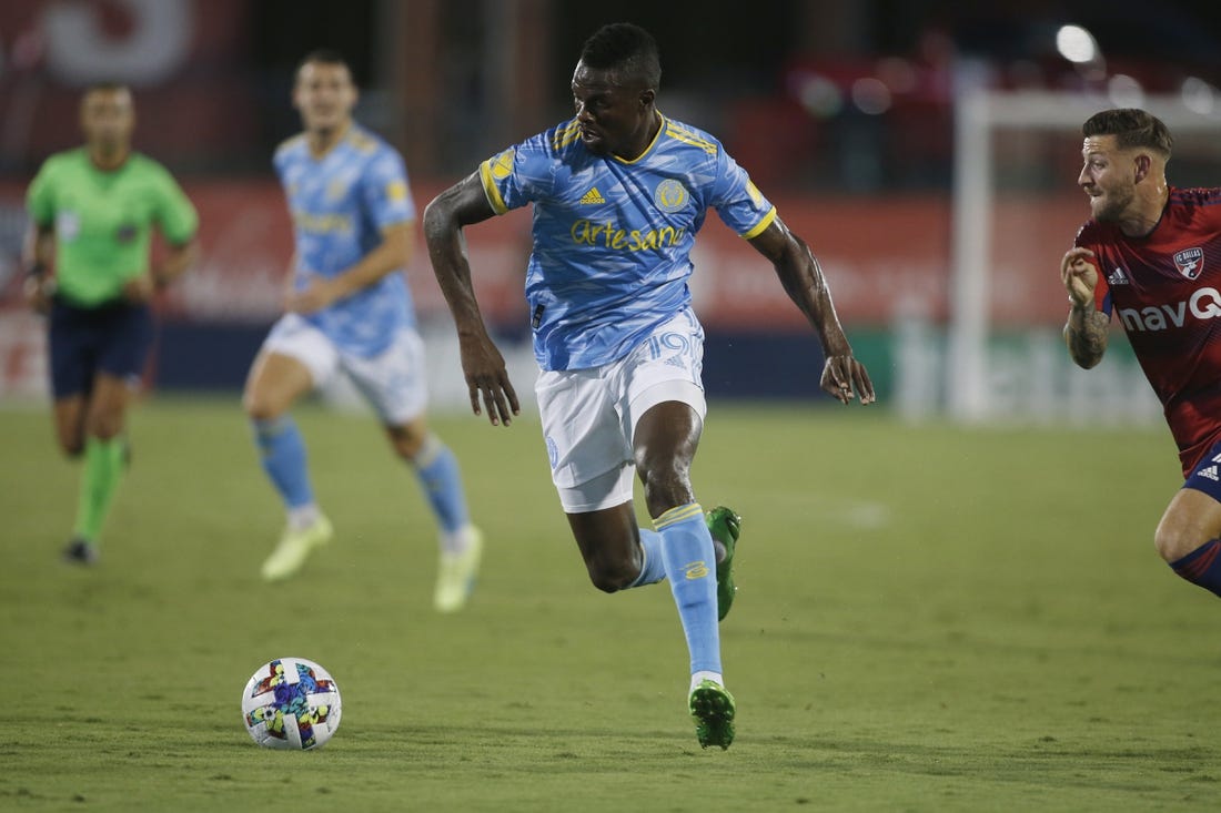 Aug 17, 2022; Frisco, Texas, USA; Philadelphia Union forward Cory Burke (19) controls the ball against FC Dallas in the first half at Toyota Stadium. Mandatory Credit: Tim Heitman-USA TODAY Sports