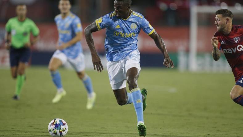 Aug 17, 2022; Frisco, Texas, USA; Philadelphia Union forward Cory Burke (19) controls the ball against FC Dallas in the first half at Toyota Stadium. Mandatory Credit: Tim Heitman-USA TODAY Sports