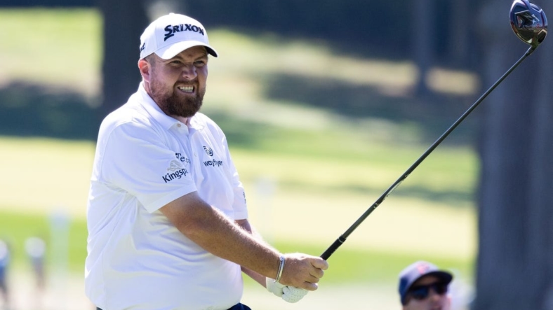 Aug 18, 2022; Wilmington, Delaware, USA; Shane Lowry reacts to his tee shot on the third hole during the first round of the BMW Championship golf tournament. Mandatory Credit: Bill Streicher-USA TODAY Sports
