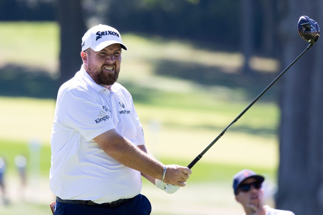 Aug 18, 2022; Wilmington, Delaware, USA; Shane Lowry reacts to his tee shot on the third hole during the first round of the BMW Championship golf tournament. Mandatory Credit: Bill Streicher-USA TODAY Sports