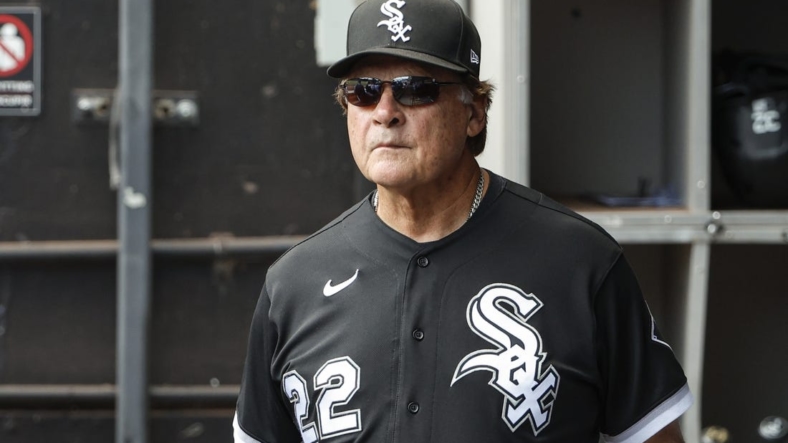 Aug 18, 2022; Chicago, Illinois, USA; Chicago White Sox manager Tony La Russa (22) looks on from the dugout during the first inning against the Houston Astros at Guaranteed Rate Field. Mandatory Credit: Kamil Krzaczynski-USA TODAY Sports