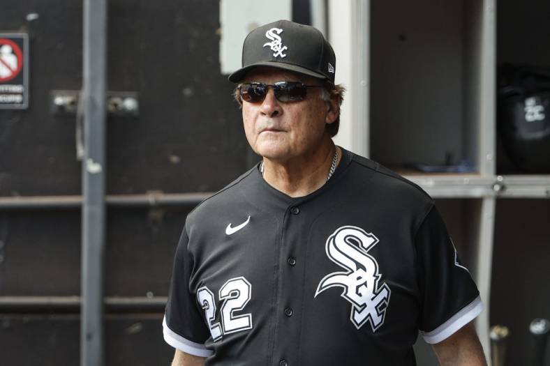 Aug 18, 2022; Chicago, Illinois, USA; Chicago White Sox manager Tony La Russa (22) looks on from the dugout during the first inning against the Houston Astros at Guaranteed Rate Field. Mandatory Credit: Kamil Krzaczynski-USA TODAY Sports