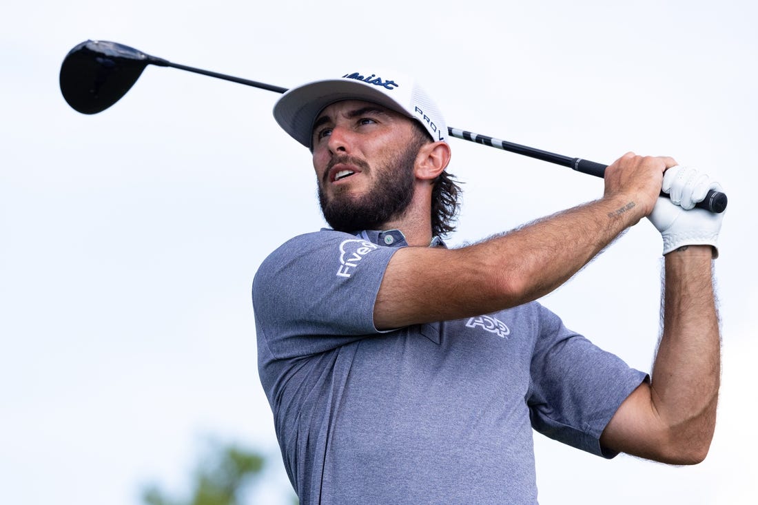 Aug 19, 2022; Wilmington, Delaware, USA; Max Homa plays his shot from the ninth tee during the second round of the BMW Championship golf tournament. Mandatory Credit: Bill Streicher-USA TODAY Sports