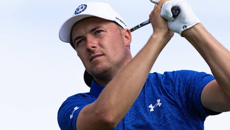 Aug 19, 2022; Wilmington, Delaware, USA; Jordan Spieth plays his shot from the ninth tee during the second round of the BMW Championship golf tournament. Mandatory Credit: Bill Streicher-USA TODAY Sports