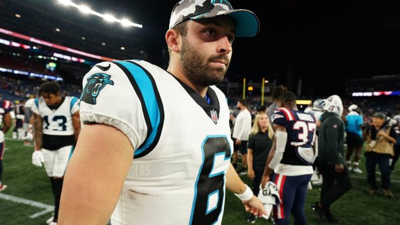 Aug 19, 2022; Foxborough, Massachusetts, USA; Carolina Panthers quarterback Baker Mayfield (6) exits the field after the game against the New England Patriots at Gillette Stadium. Mandatory Credit: David Butler II-USA TODAY Sports