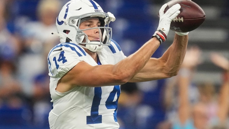Aug 20, 2022; Indianapolis, Indiana, USA;   Indianapolis Colts wide receiver Alec Pierce (14) catches the ball during pregame warm-up before the game against the Detroit Lions on Saturday, August 20, 2022 at Lucas Oil Stadium in Indianapolis. Mandatory Credit: Grace Hollars-USA TODAY Sports