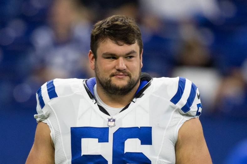 Aug 20, 2022; Indianapolis, Indiana, USA;Indianapolis Colts guard Quenton Nelson (56) warms up before the game against the Detroit Lions  at Lucas Oil Stadium. Mandatory Credit: Trevor Ruszkowski-USA TODAY Sports