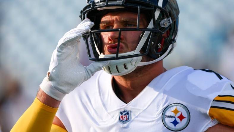 Aug 20, 2022; Jacksonville, Florida, USA;  Pittsburgh Steelers linebacker T.J. Watt (90) looks on before a game against the Jacksonville Jaguars at TIAA Bank Field. Mandatory Credit: Nathan Ray Seebeck-USA TODAY Sports