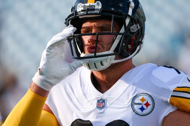 Aug 20, 2022; Jacksonville, Florida, USA;  Pittsburgh Steelers linebacker T.J. Watt (90) looks on before a game against the Jacksonville Jaguars at TIAA Bank Field. Mandatory Credit: Nathan Ray Seebeck-USA TODAY Sports