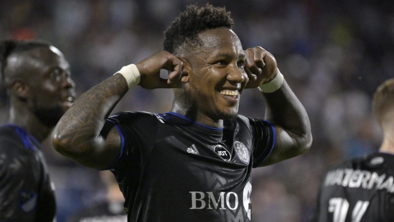 Aug 20, 2022; Montreal, Quebec, CAN; CF Montreal midfielder Romell Quioto (30)  celebrates after scoring a goal against the New England Revolution during the first half at Stade Saputo. Mandatory Credit: Eric Bolte-USA TODAY Sports