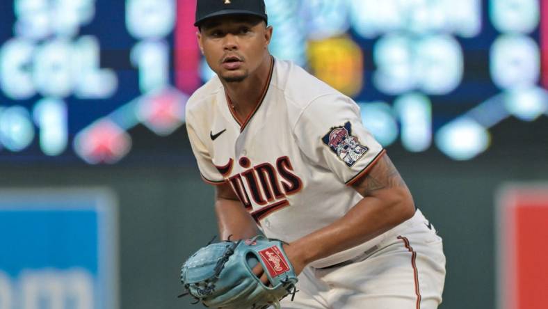 Aug 20, 2022; Minneapolis, Minnesota, USA; Minnesota Twins starting pitcher Chris Archer (17) prepares to throw a pitch against the Texas Rangers during the fifth inning at Target Field. Mandatory Credit: Jeffrey Becker-USA TODAY Sports