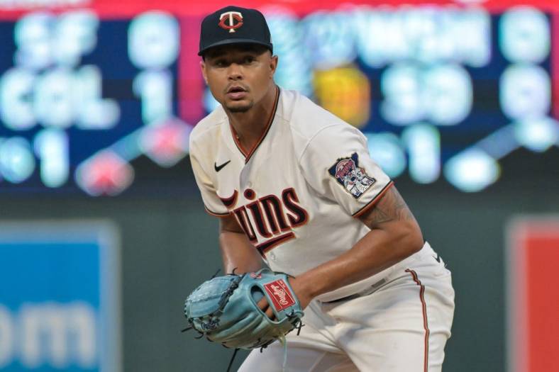 Aug 20, 2022; Minneapolis, Minnesota, USA; Minnesota Twins starting pitcher Chris Archer (17) prepares to throw a pitch against the Texas Rangers during the fifth inning at Target Field. Mandatory Credit: Jeffrey Becker-USA TODAY Sports