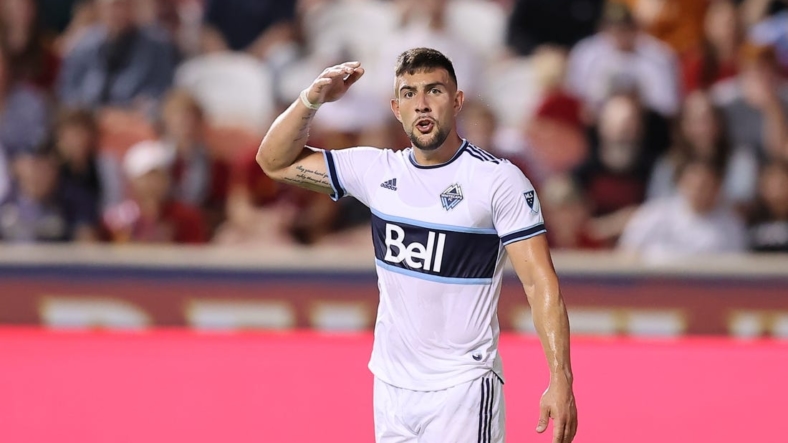 Aug 20, 2022; Sandy, Utah, USA;  Vancouver Whitecaps FC forward Lucas Cavallini (9) reacts to a play in the first half against Real Salt Lake at Rio Tinto Stadium. Mandatory Credit: Rob Gray-USA TODAY Sports