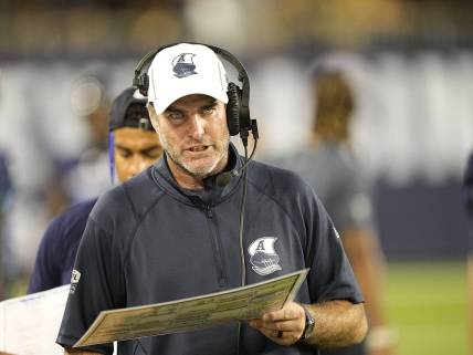 Aug 20, 2022; Toronto, Ontario, CAN; Toronto Argonauts head coach Ryan Dinwiddie talks on his headset during the second half against the Calgary Stampeders at BMO Field. Mandatory Credit: John E. Sokolowski-USA TODAY Sports