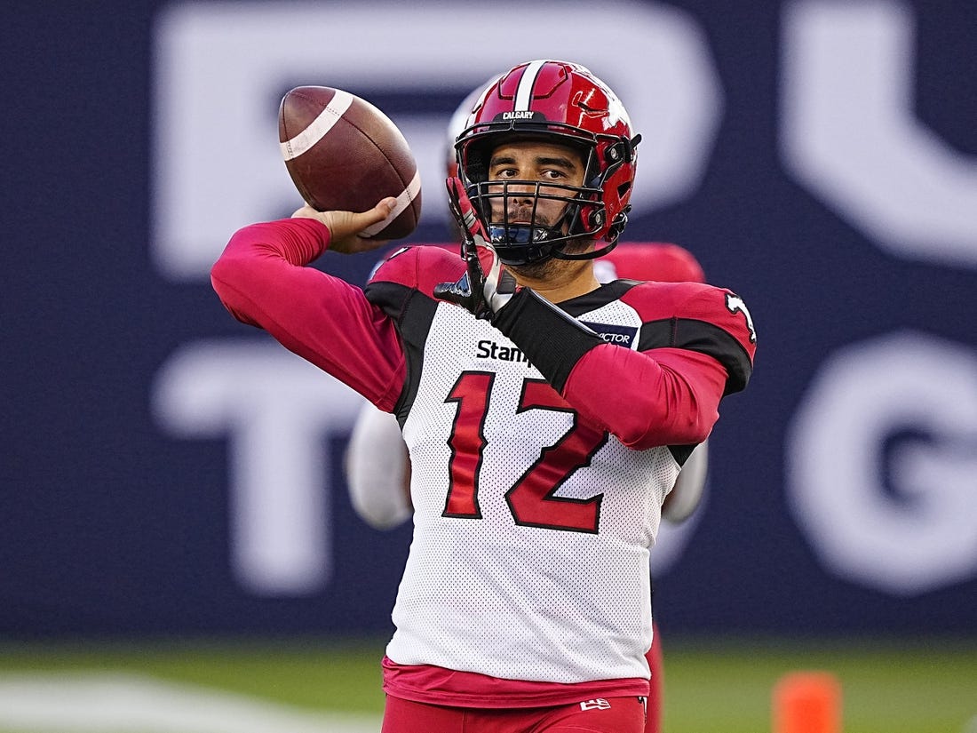 Aug 20, 2022; Toronto, Ontario, CAN; Calgary Stampeders quarterback Jake Maier (12) warms up before a game against the Toronto Argonauts at BMO Field. Mandatory Credit: John E. Sokolowski-USA TODAY Sports